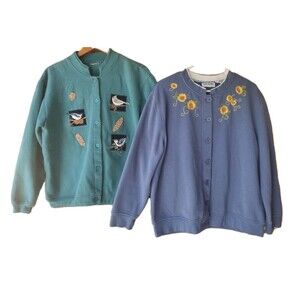 Set Of 2 Vintage 90s Sweatshirt Cardigans Flowers Birds Nature Blue Green Sz L